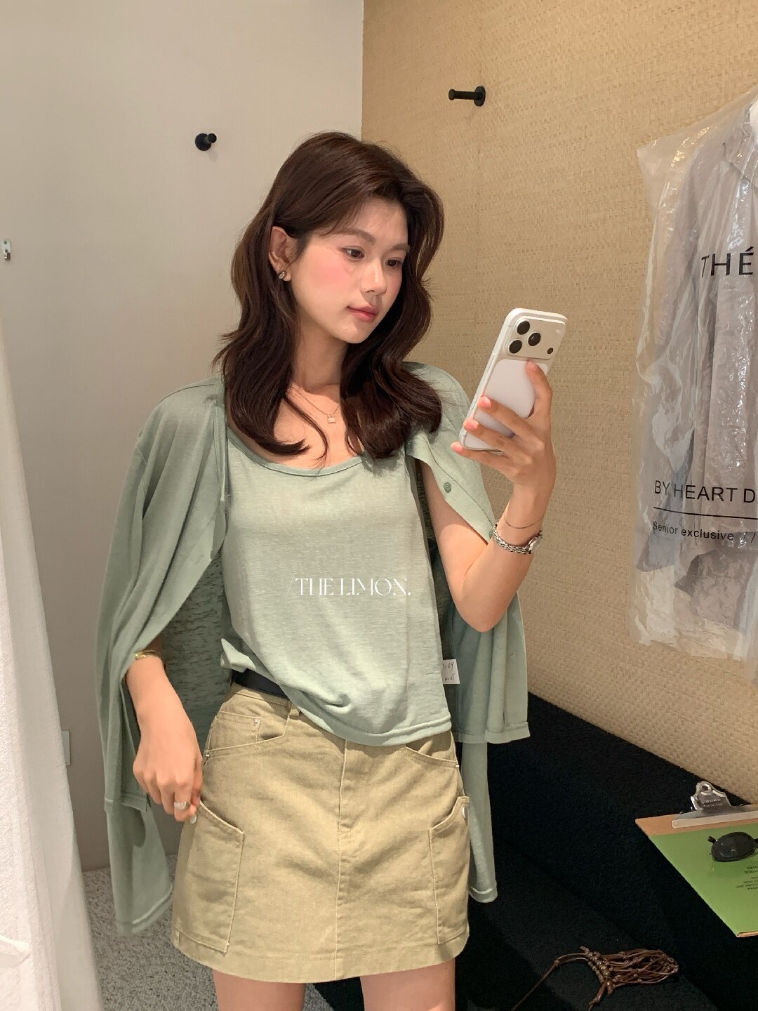 Bộ cardigan len mỏng kèm áo hai dây hai mảnh nữ mùa hè — Xám cacbon, xanh lam, màu hồng, Đậu xanh chi tiết 101