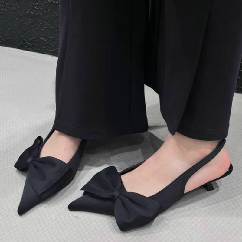 2026 Autumn New Large Size Fashion Women's Shoes Black Bow Decorated Elegant High Heels Simple Mule Shoes