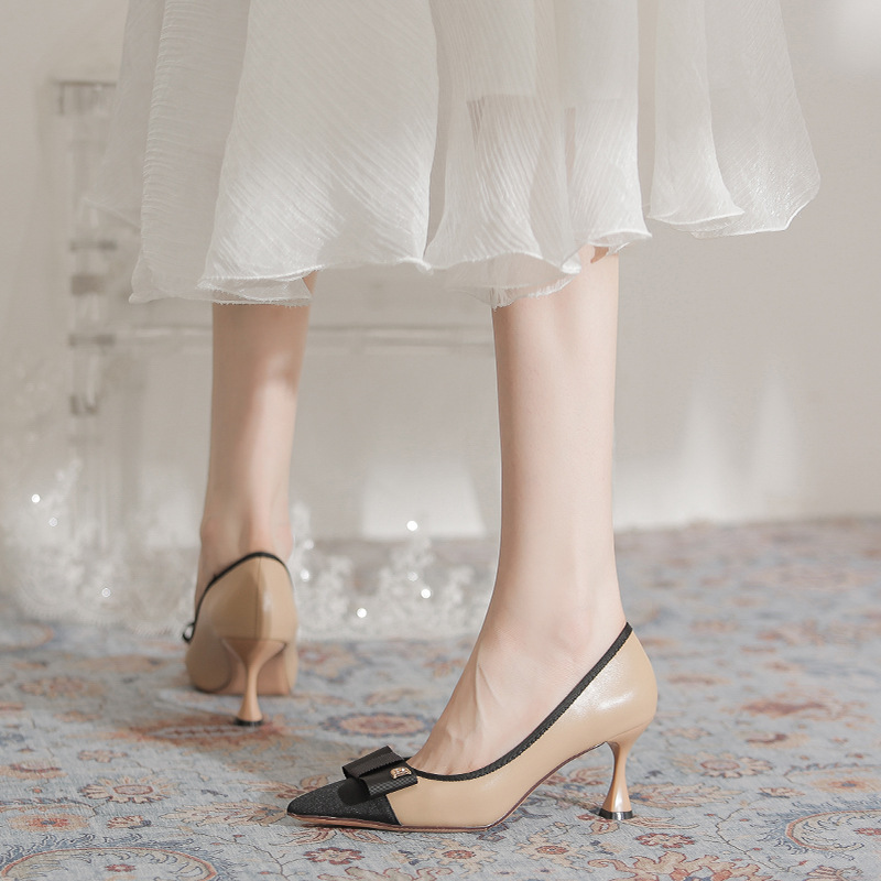 High-Heeled Shoes for Women, Thin Wine Glass Heels, Pointed Toe, Small Fragrant Style Stitching Women's Shoes, Business Commuting Elegant Bow Shoes