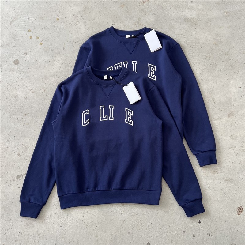 Correct Version Original Label Cel Navy Blue Chest Letter Hollow Flocking Printed Pullover Terry Sweatshirt for Men and Women