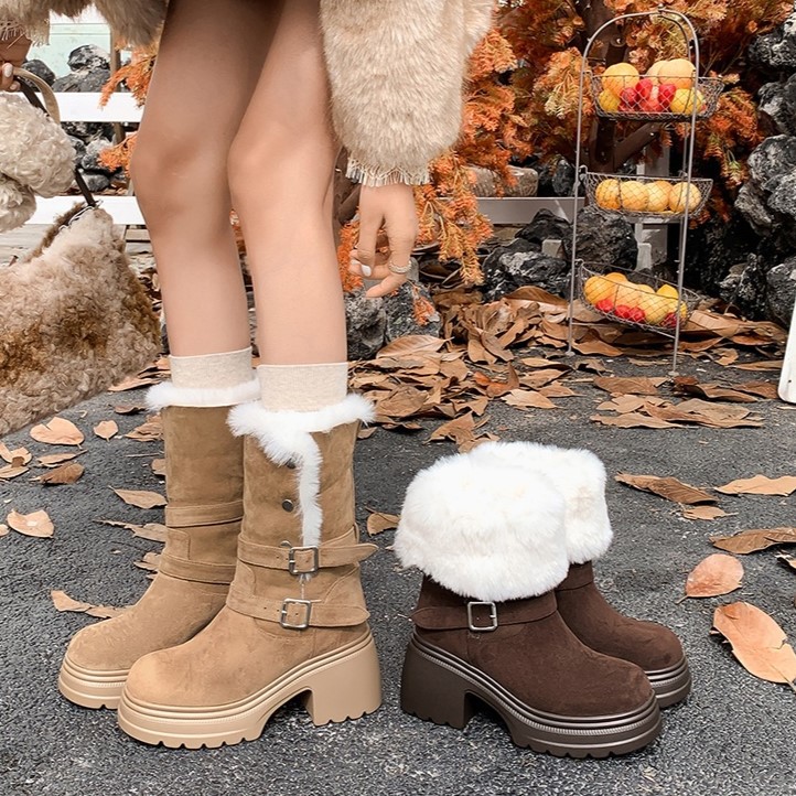 Boot nữ denim đế dày cổ trung lót lông giữ ấm, hai kiểu phối — màu nâu