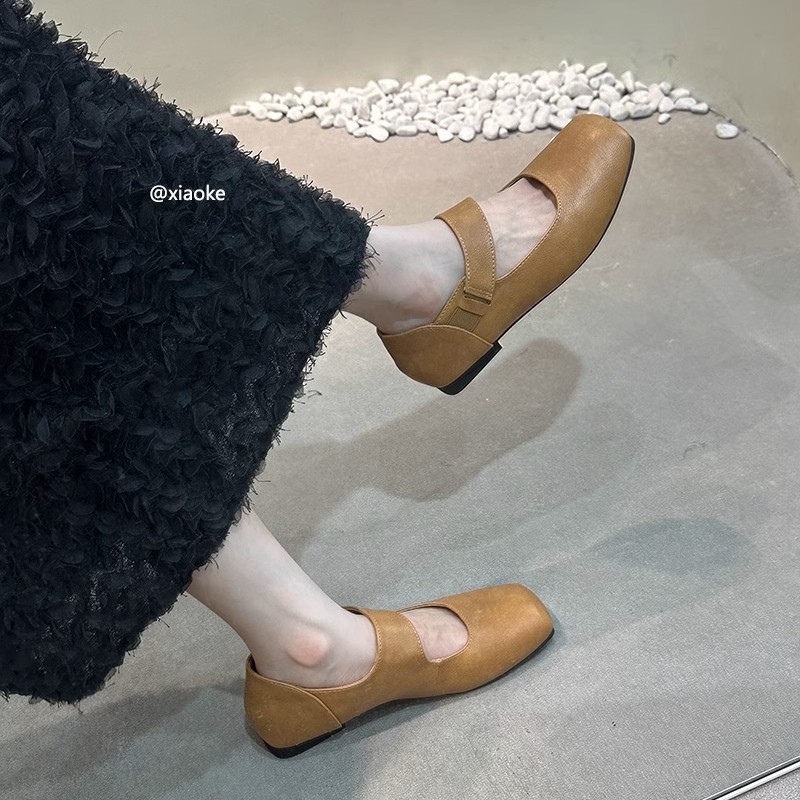 Zapatos individuales Mary Jane retro francés de cabeza cuadrada, suave de una palabra con temperamento plano, brisa nocturna, zapatos de cuero de primavera y otoño, zapatos de noche