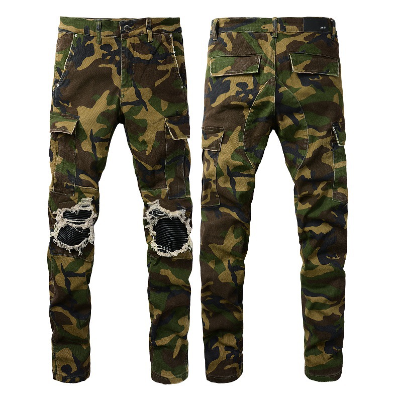 Men's Clothing high street ins same style washed and distressed multi pocket style youth slim camouflage skinny pants jeans_voghion.com