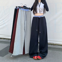 格子拼接阔腿裤女秋季2025新款慵懒风高腰宽松显瘦垂感直筒休闲裤