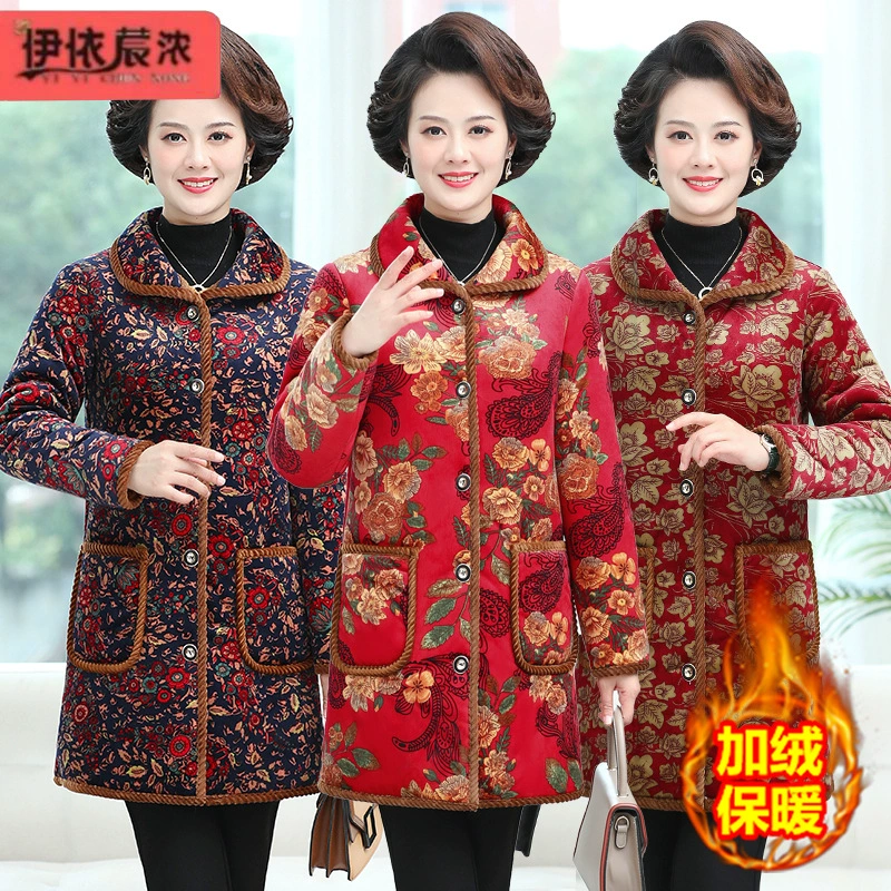 Женская одежда средней длины, утолщенная на флисовой подкладке с хлопковой подкладкой, для матерей, 50 лет, большая стеганая куртка с принтом для сельских женщин, оптовая продажа