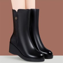 2025新款坡跟厚底中筒靴女短靴中跟皮靴冬季棉靴加绒雪地靴女靴子