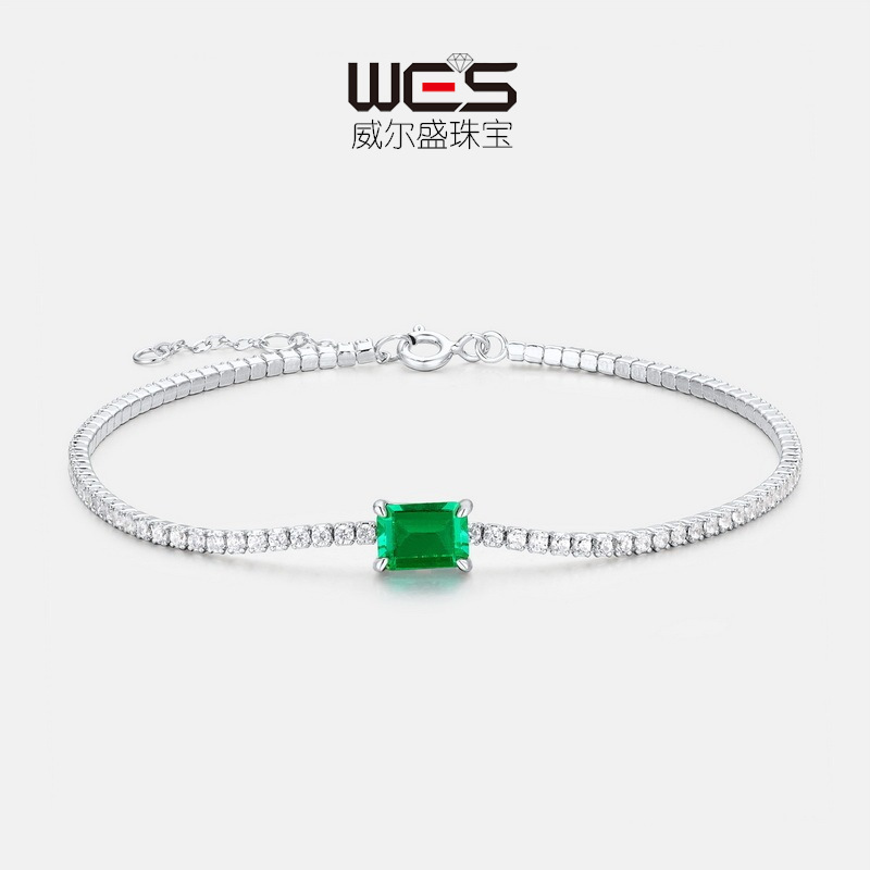 Cross-border hot European and American simple S925 silver vintage bracelet women's inlay cultivation emerald jewelry custom wholesale