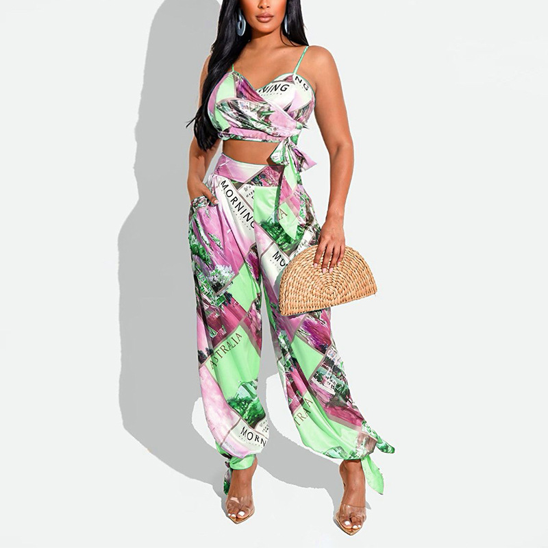 summer print knotted sling top and casual harem pants two-piece set NSJZC123751