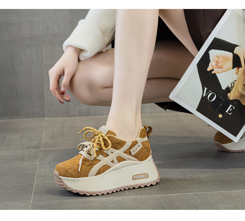 Giày sneaker nữ đế dày tăng chiều cao 7 cm phong cách đa năng mùa thu đông — M2999 li đơn màu vàng, M2999-1 màu vàng nhung, M2999-1 màu nâu cộng nhung, M2999 lớp lót đơn màu nâu chi tiết 11