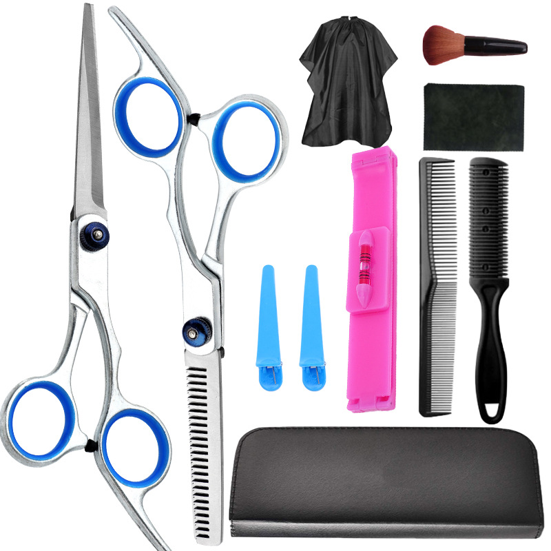 Un conjunto completo de tijeras de corte de pelo al por mayor, tijeras de dientes delgadas profesionales, tijeras planas de reparación de cabello, tijeras para el hogar, fabricantes de herramientas de tijeras para el cabello