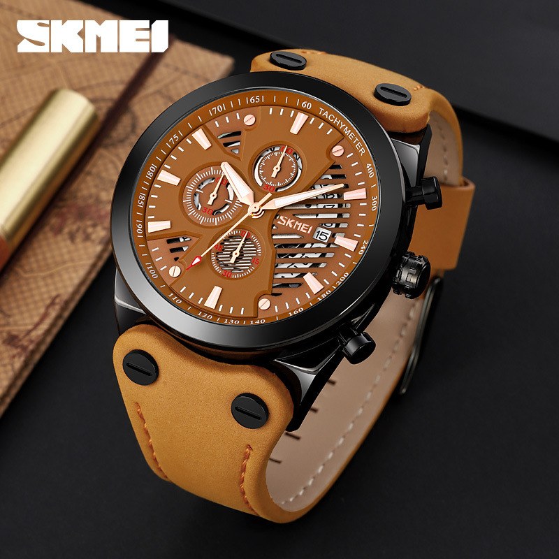 Momentos de moda retro hombres cronógrafo de cuarzo correa de cuero esfera hueca calendario reloj de pulsera de negocios transfronterizos relojes de hombre
