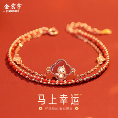原创马上幸运红玛瑙手链女纯银国潮新中式马年红绳手绳四叶草手饰