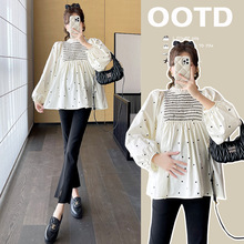 孕妇装上衣2025孕妇新款甜美减龄上衣爱心印花衬衫小众娃娃衫春季