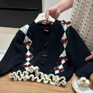 2025 Autumn New Girls' Fashion Diamond Pattern Bow Jacquard Ruffled Horn Button Cardigan Sweater Jacket