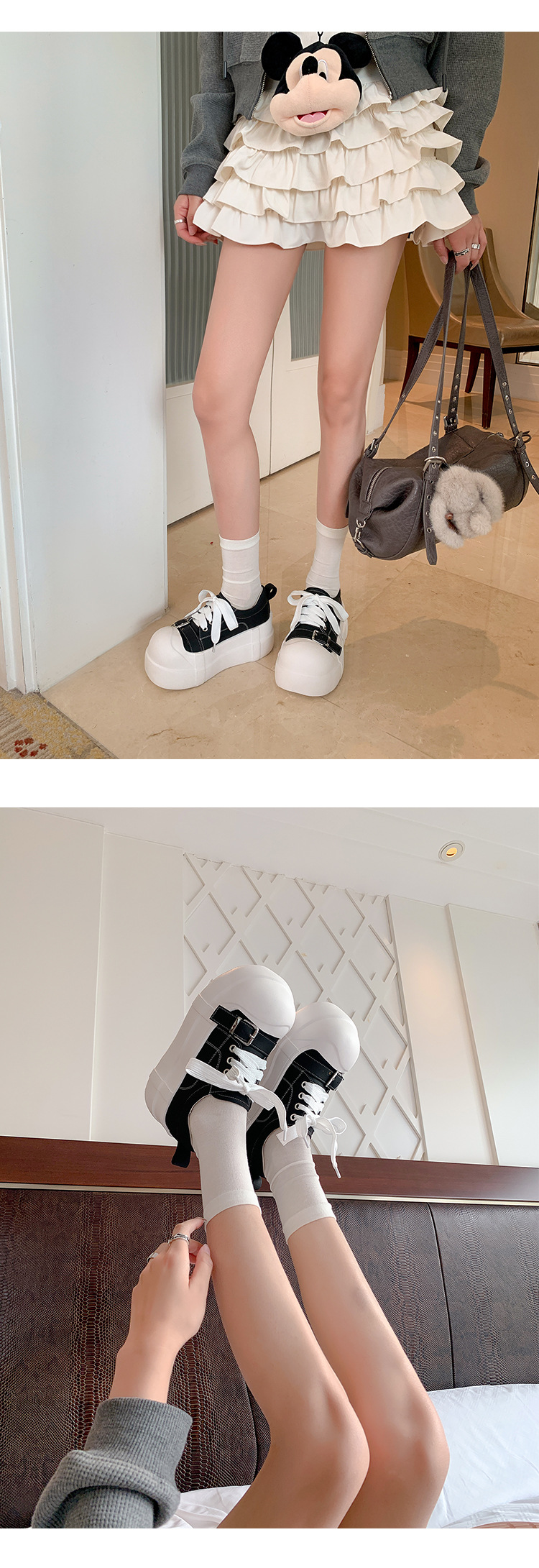 Giày sneaker nữ đế dày da thật phong cách platform khóa dây — màu đen, màu trắng chi tiết 12