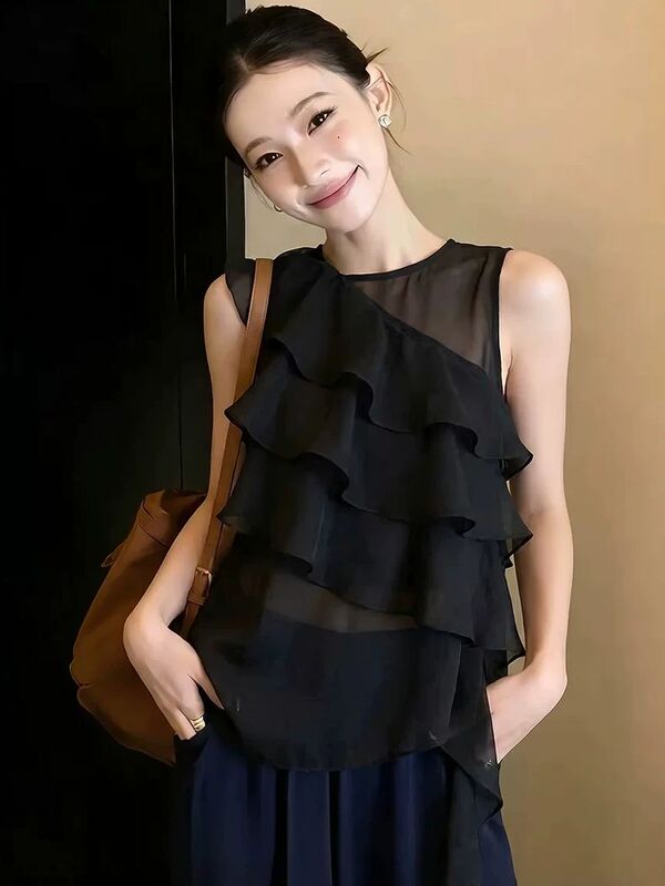 Lightly Mature Style Ruffled Sleeveless Top for Women, Summer Design, Black, Slimming, Fashionable, Stylish, Workwear Vest