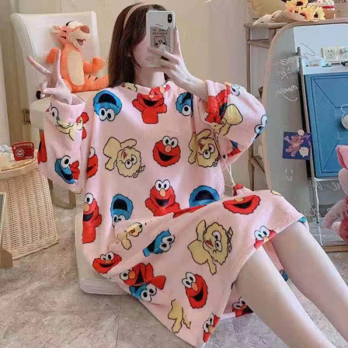 El otoño y el Invierno de las nuevas mujeres camisón espesado caliente MIDI vestido dibujos animados a cuadros franela Home wear en línea transmisión en vivo