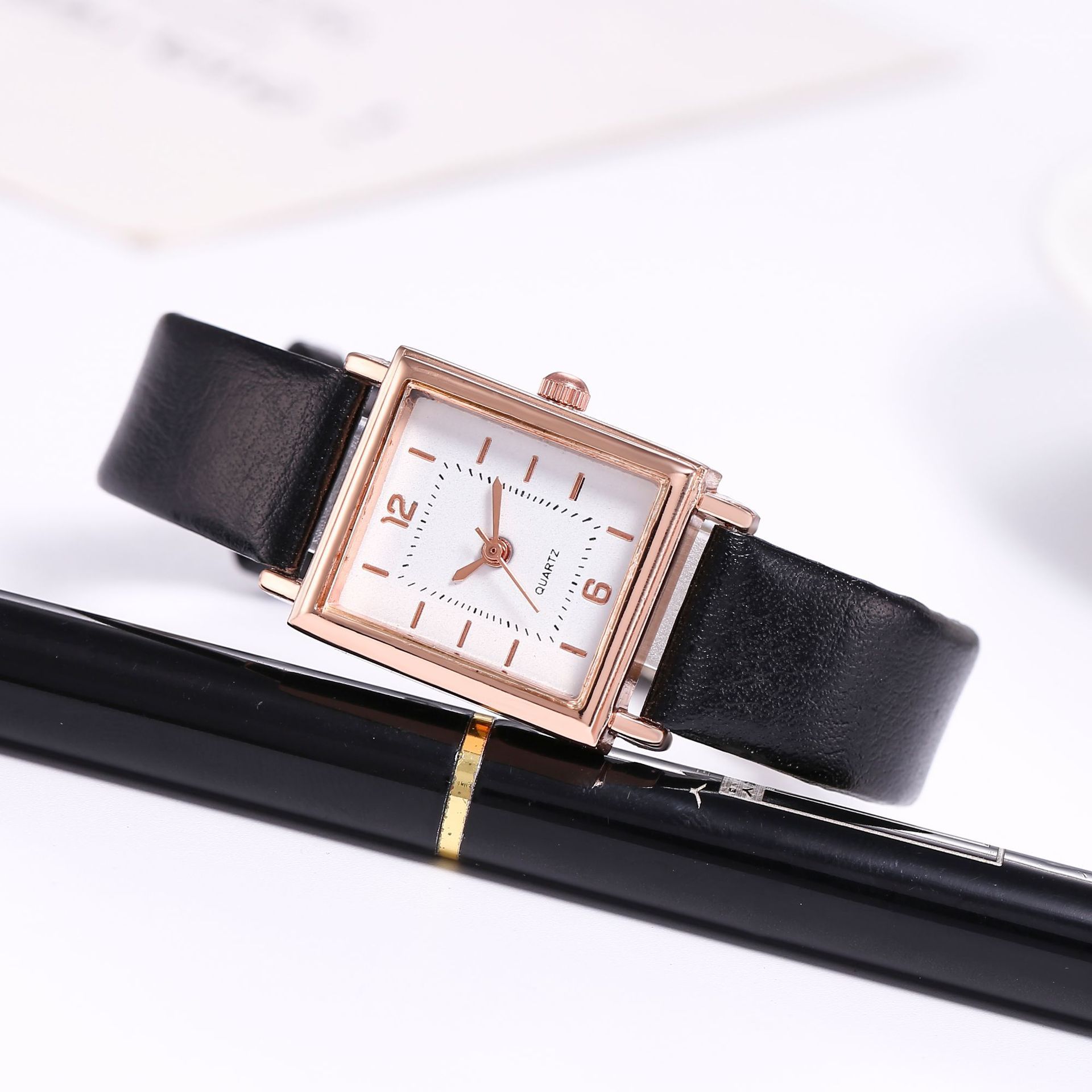 New Women's Fashion Rose Gold Square Case Digital Scale Belt Quartz Watch_voghion.com
