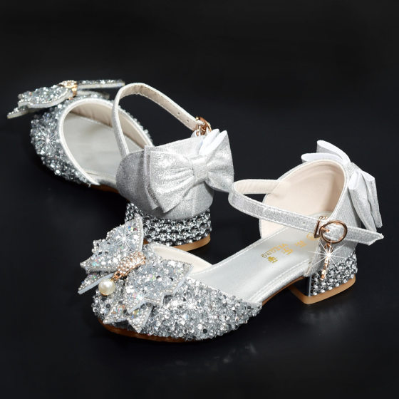 Girls Leather Shoes High Heeled Princess Shoes Little Girls Host Show Dress silver Children Dance Crystal Shoes