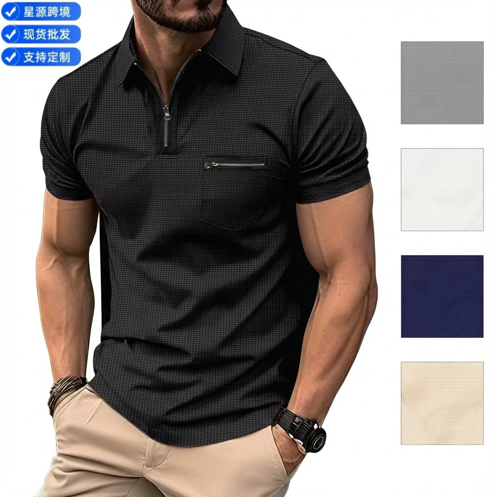 Мужская поло-футболка с коротким рукавом, вафельной вязки, с карманом и отложным воротником, для спорта, летняя коллекция 2023 года, Amazon, для международной торговли