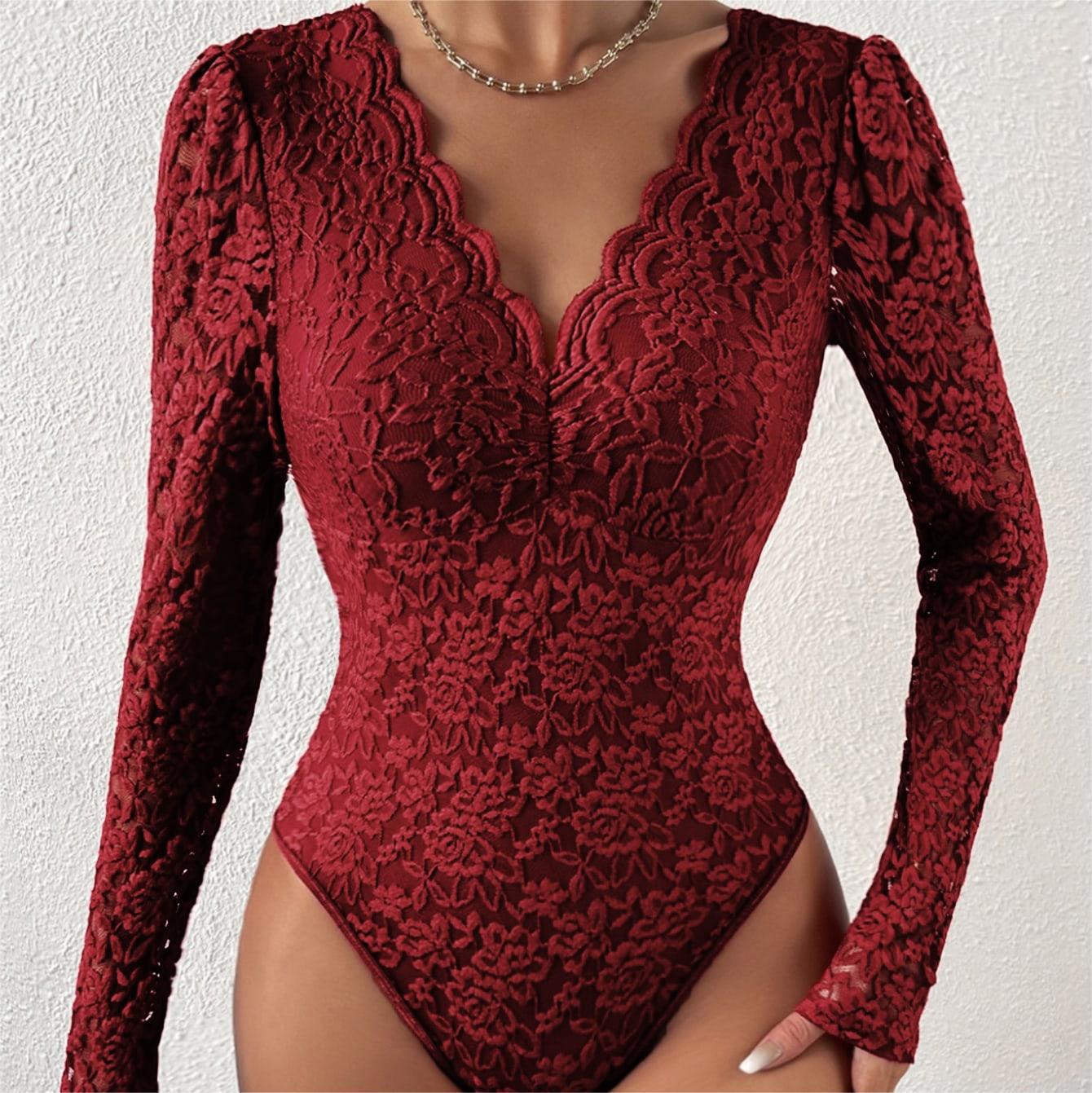 性感纯色蕾丝长袖连体衣 Sexy Solid Lace Long Sleeve Bodysuit