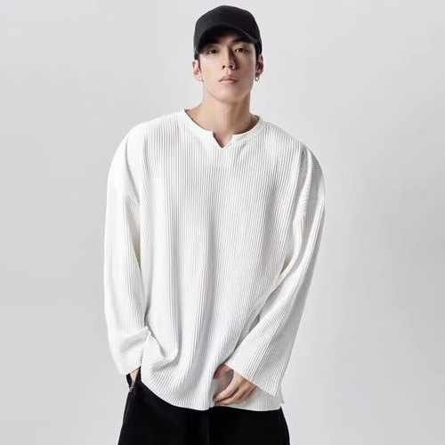 BIZHENG/ High-End V-Neck Puff Sleeve Flowy Crew Neck Silk Long-Sleeve T-Shirt for Men Loose Men's Top Spring and Autumn Clothing