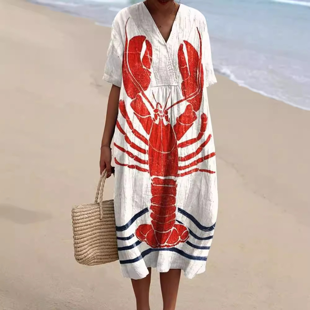 Plus Size Women's Shirt Pocket Short Sleeve Dress Marine Element Fish Resort Style Dress_ecoleips.com