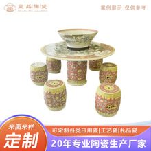 景德镇陶瓷珐琅彩缠枝纹饰一桌六凳定制 中式家居亭台楼阁装饰瓷