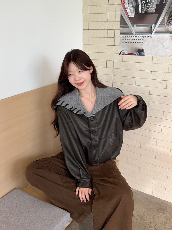大码女装早秋设计感海军领pu皮夹克短款外套女|undefined