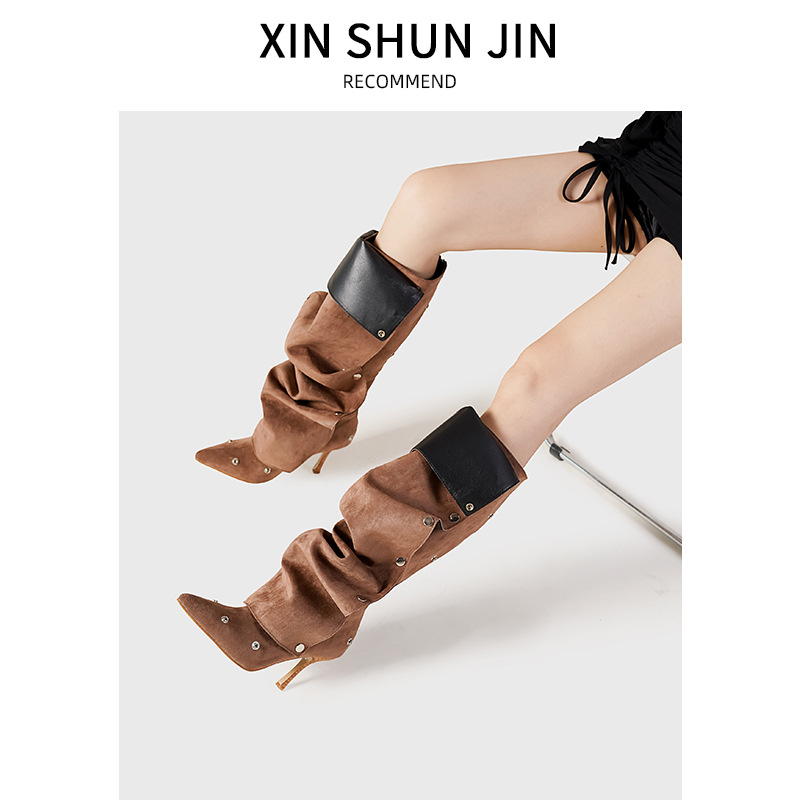 Women's Shoes rivet buckle splicing two way wear stiletto denim pleated pile boots female personality hot girl fashion long boots female_voghion.com