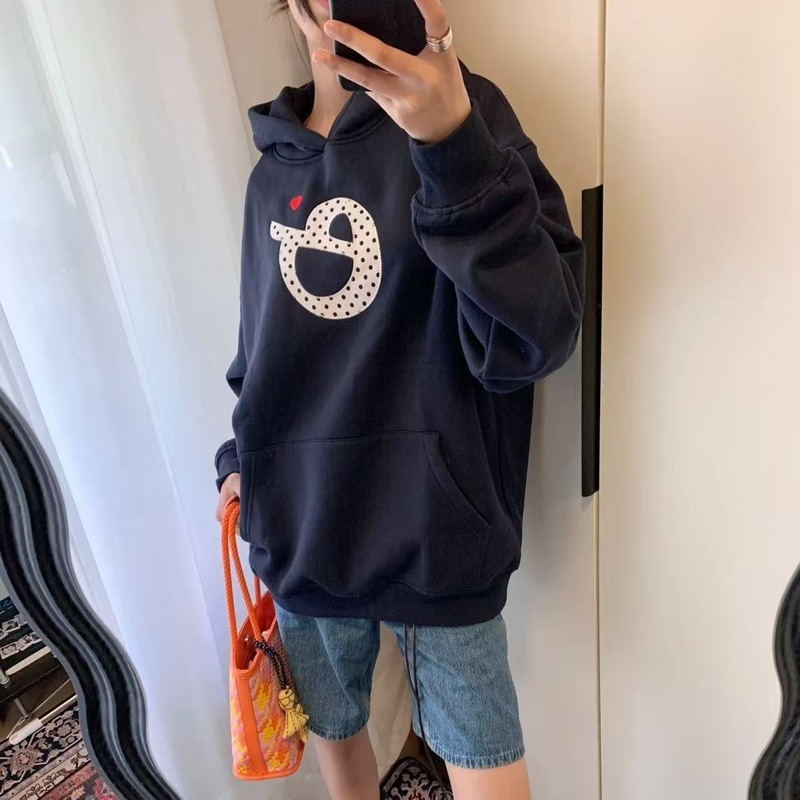 美式复古波点字母刺绣连帽卫衣女秋冬学院风宽松百搭藏青色上衣潮|undefined