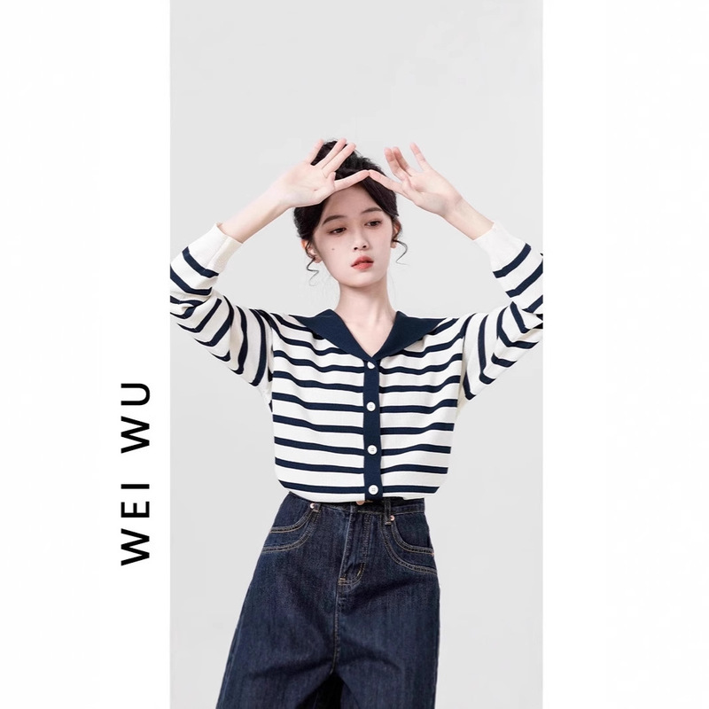 Navy Collar Long-Sleeve Knit Cardigan for Women, Spring and Autumn 2026 New Design, Niche Color-Blocking Thin Sweater Short Top