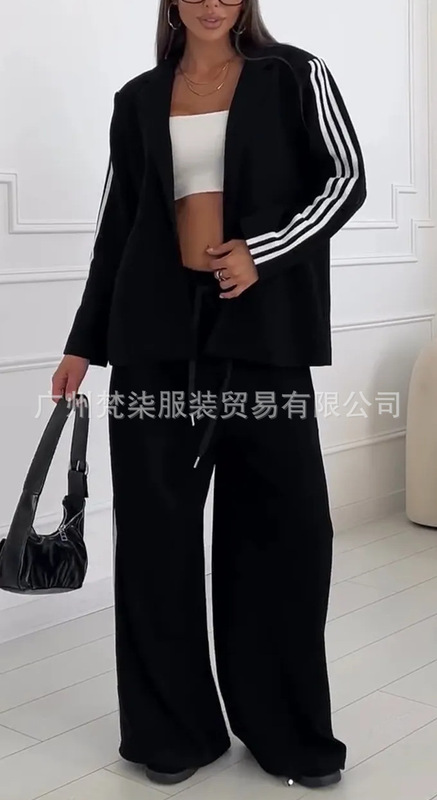 亚马逊2025欧美跨境翻领条纹夹克休闲西服外套阔腿长裤休闲套装女|undefined