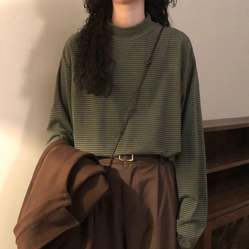 Half Turtleneck German Velvet Warm Stripesd Bottoming Shirt for Women Autumn and Winter Casual Long-Sleeved T-Shirt Loose and Versatile Inner and Outer Tops Half Turtleneck German Velvet Warm Stripesd Bottoming Shirt for Women Autumn and Winter Casual Long-Sleeved T-Shirt Loose and Versatile Inner and Outer Tops
