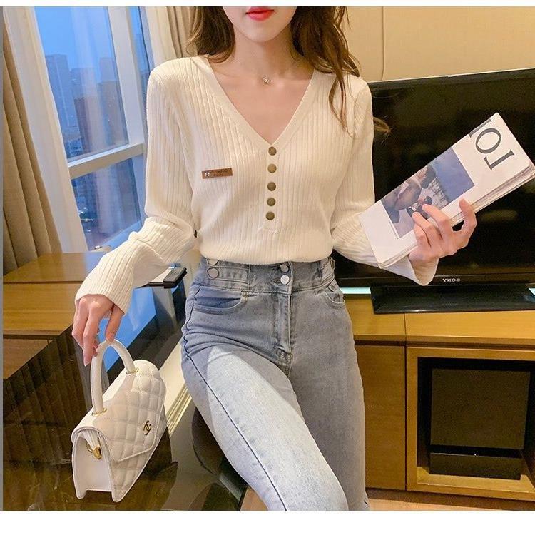 2023 Spring and Autumn New V-neck Sweater Women's Coat All-match Knitted Interior Slim-fit Slimming Solid Color Long-sleeved Top