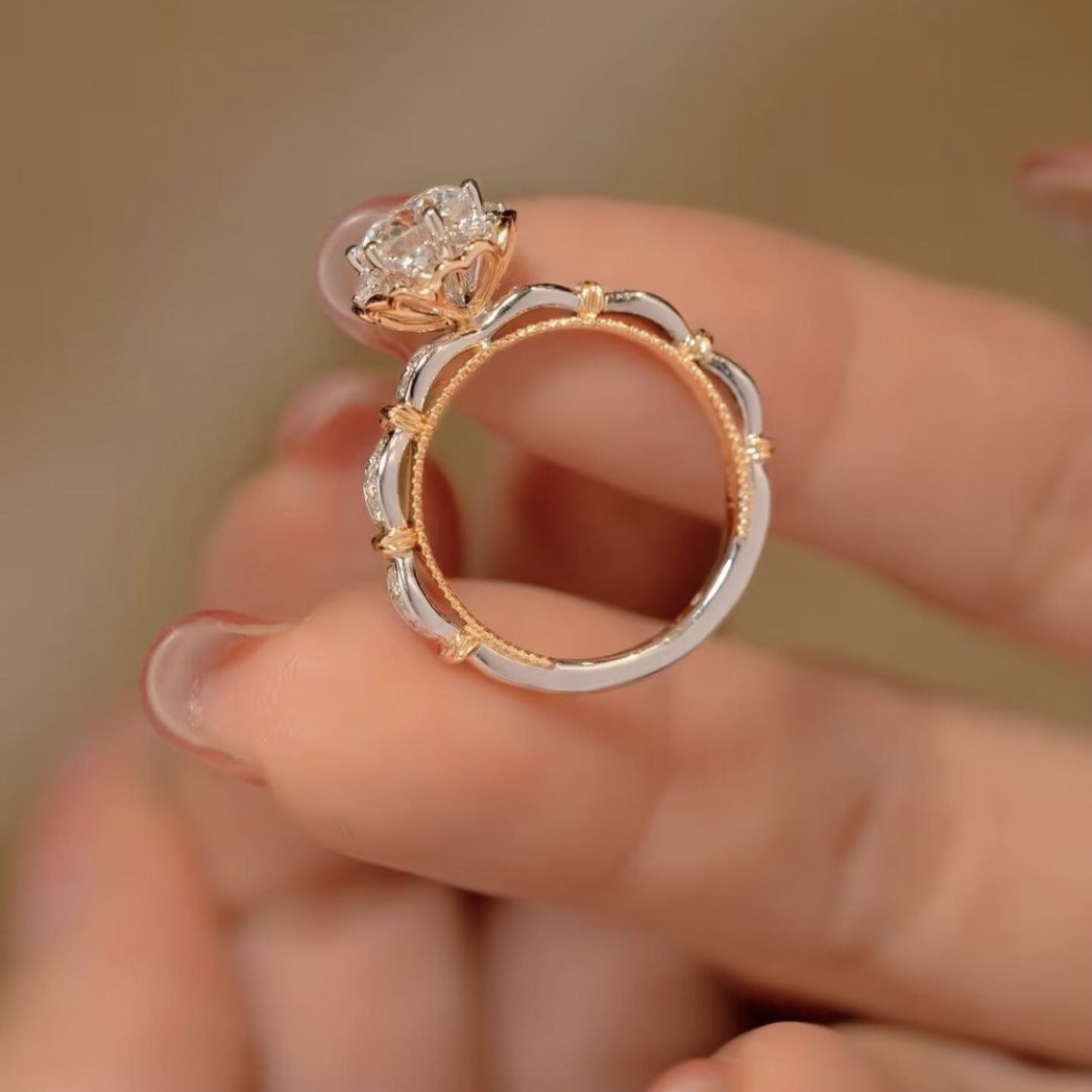 Diamond Zircon Ring For Women Two Tone Elegant Versatile Band_voghion.com