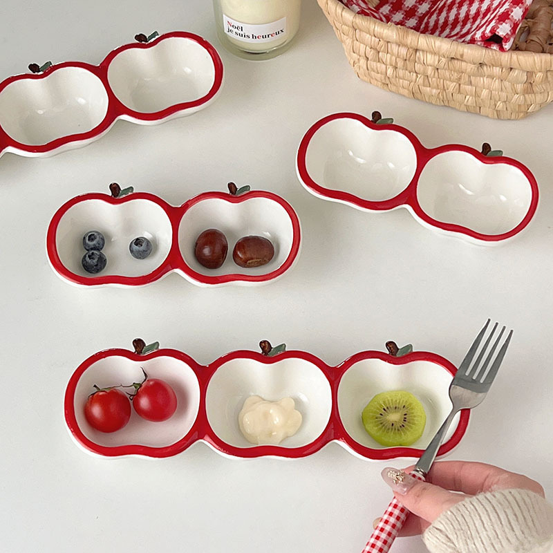 Apple Ceramic Tableware Hot Pot Flavor Dish Barbecue Dipping Dish Creative Multi-Grid Dipping Dish Two-Grid Three-Grid Seasoning Dish Apple Ceramic Tableware Hot Pot Flavor Dish Barbecue Dipping Dish Creative Multi-Grid Dipping Dish Two-Grid Three-Grid Seasoning Dish