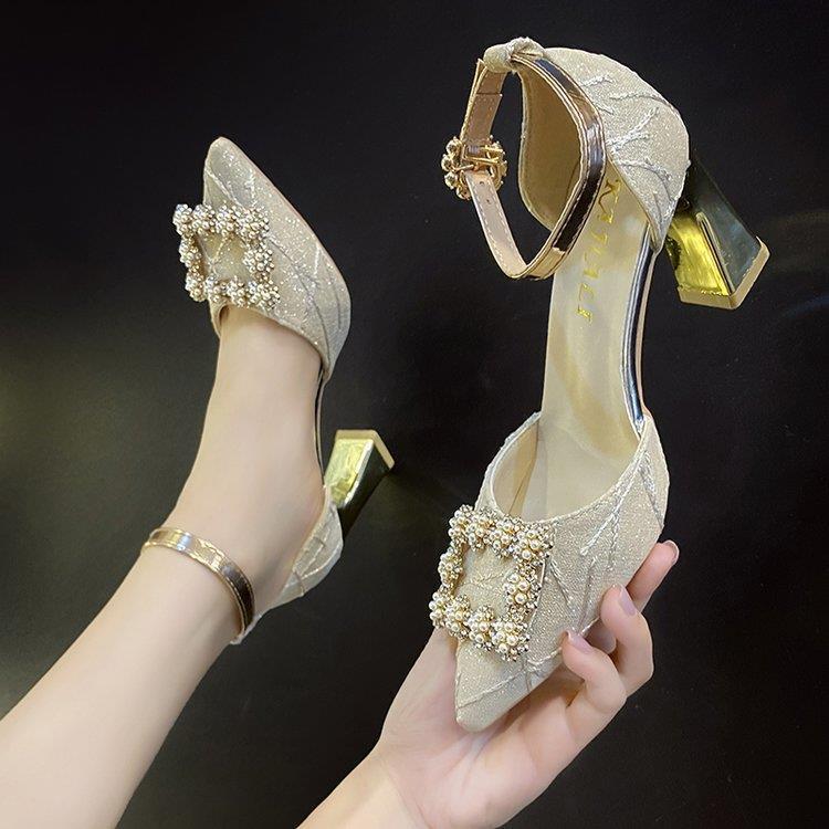 Trendy Chunky-Heeled Chanel-Style Sandals, High Heels for Women, Pearl-Like Design, Stylish, Versatile Closed-Toe Shoes, New Spring 2025 Fashion Trendy Chunky-Heeled Chanel-Style Sandals, High Heels for Women, Pearl-Like Design, Stylish, Versatile Closed-Toe Shoes, New Spring 2025 Fashion