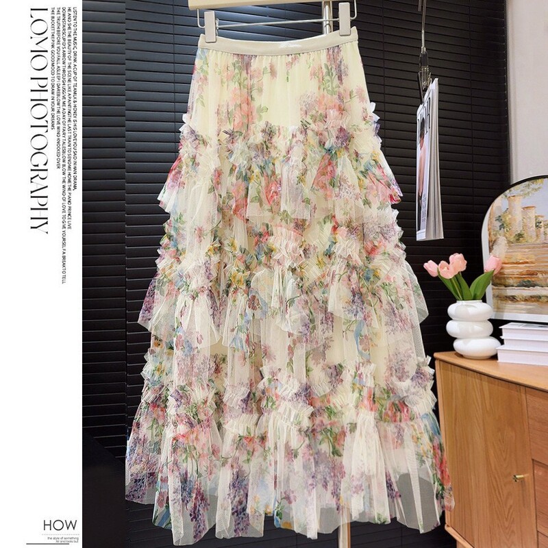 European and American Cross-Border Amazon Heavy-Duty Splicing Printed Mesh Cake Skirt Skirt Women's New Floral Puffy Long Skirt