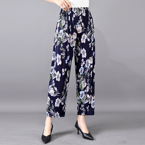 Cross-border best-selling summer women's ice silk pants for middle-aged and elderly loose casual home pants with elastic and thickening for square sports