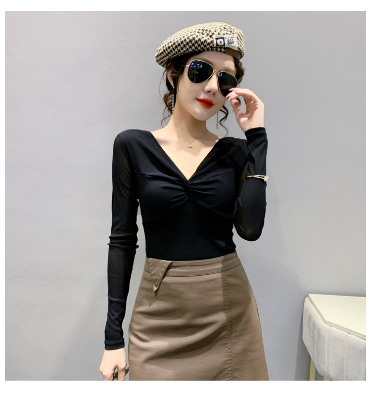 T-shirt da donna slim in rete a maniche lunghe con camicia slim a fondo incrociato_voghion.com