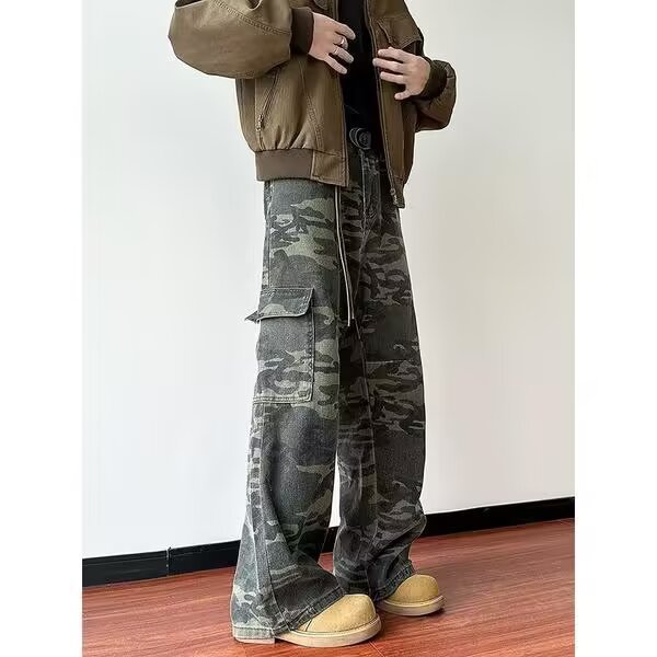 Vintage jeans de cintura alta de mujeres primavera y otoño diseño de camuflaje nicho pantalones largos rectos sueltos pantalones de piernas anchas