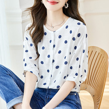 棉茧 波点印花圆领衬衫2025夏季新款韩版宽松显瘦小众五分袖上衣