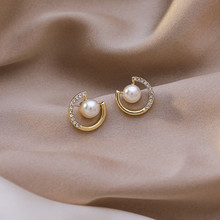 S925銀針韓國珍珠水鑽耳環圓形新款潮小巧氣質網紅耳釘耳飾女