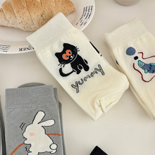 韩系ins潮流趣味卡通AB袜女个性创意设计感左右不对称中筒袜棉袜
