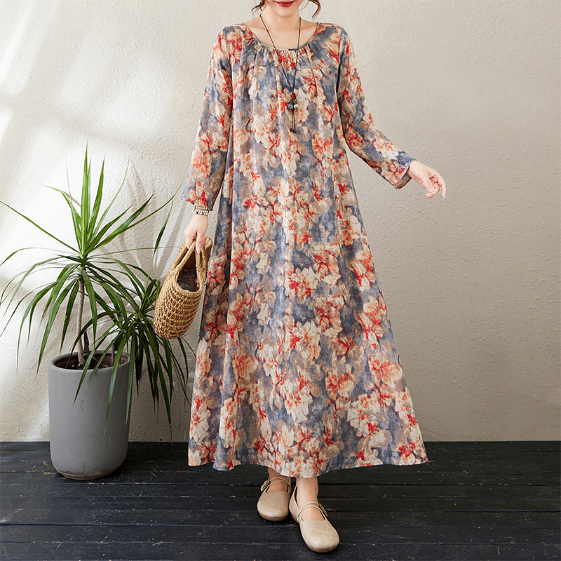 Real Shot of 2025 Early Autumn New Style Round Neck Ruched Loose Lazy Dress Minimalist Long-Sleeve Ultra-Long Dress Vacation Style Real Shot of 2025 Early Autumn New Style Round Neck Ruched Loose Lazy Dress Minimalist Long-Sleeve Ultra-Long Dress Vacation Style