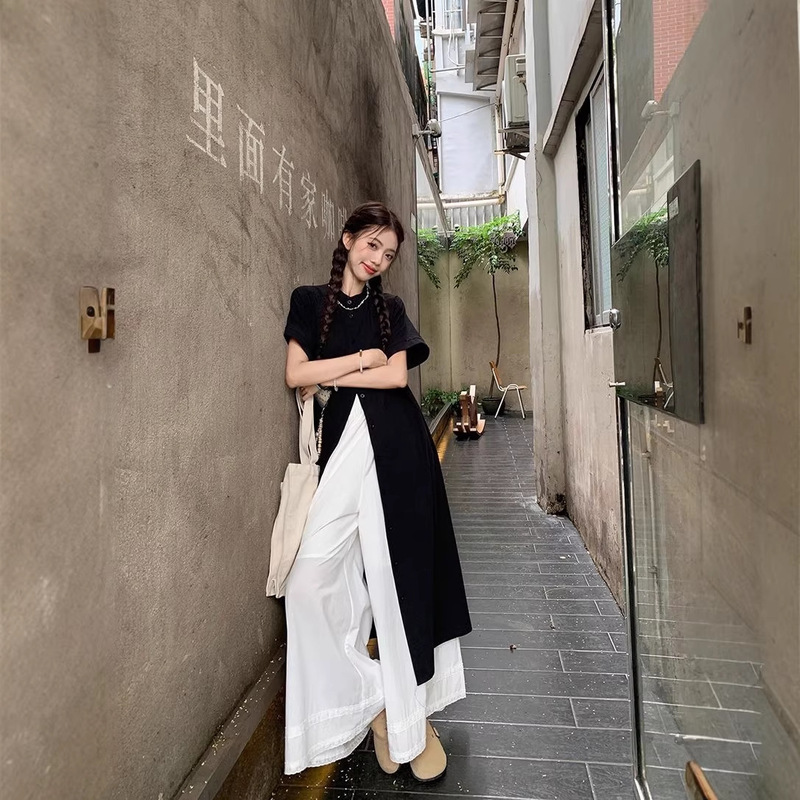 Lazy Style Loose Chic Long Dress with Short Sleeves and Layered Shirt, Women's Summer Lace Wide-Leg Pants Two-Piece Set Lazy Style Loose Chic Long Dress with Short Sleeves and Layered Shirt, Women's Summer Lace Wide-Leg Pants Two-Piece Set
