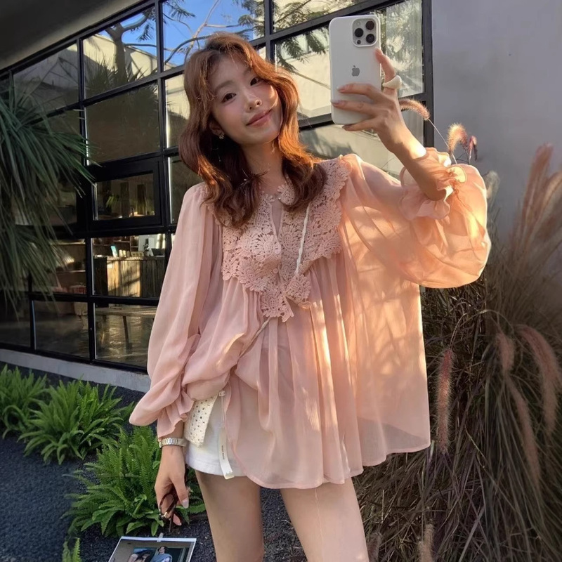 Floral Pattern Oversized Shirt with Heavy Embroidery, Lace Trim, Chiffon Blouse, and Camisole Set
