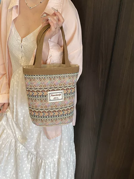 Trendy Portable Linen Bucket Bag for Women 2026 Spring New Commuter Handbag Single Shoulder Canvas Bag