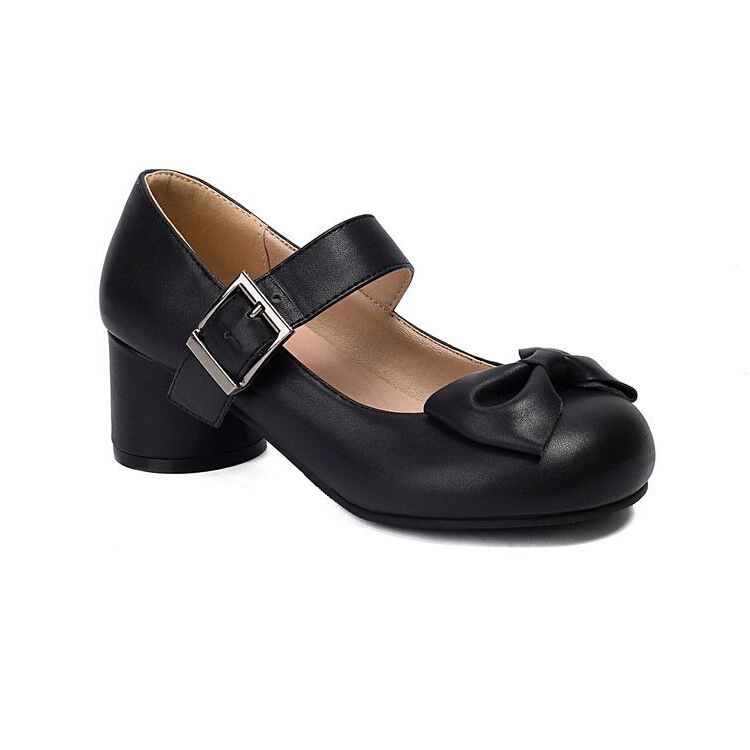 2025 Lolita Women's Shoes with Bowknot, Round Toe, Buckle, Mid-Heel, Large Size Shoes, Dropshipping 33-1